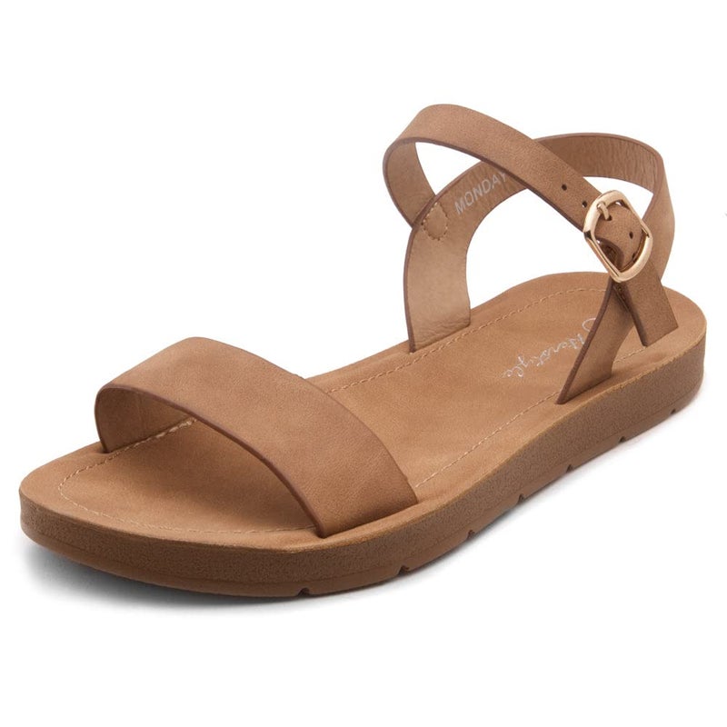Herstyle Flat Sandals for Women â€“ Open Toe One Band Ankle Strap Summer Dressy Sandals, Lightweight Casual Strappy Slip-On Flats with Adjustable Buckle, Tan, Size 11.0, Monday - Image 1
